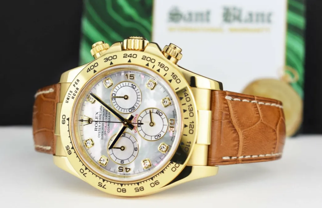 rolex_mm_kt_gold_daytona__3-5.webp Men's Watches | Racing Professional Watches | Sant Blanc ROLEX 40mm 18kt Gold Daytona Cognac Strap Mother of Pearl Diamond Dial Model 116518