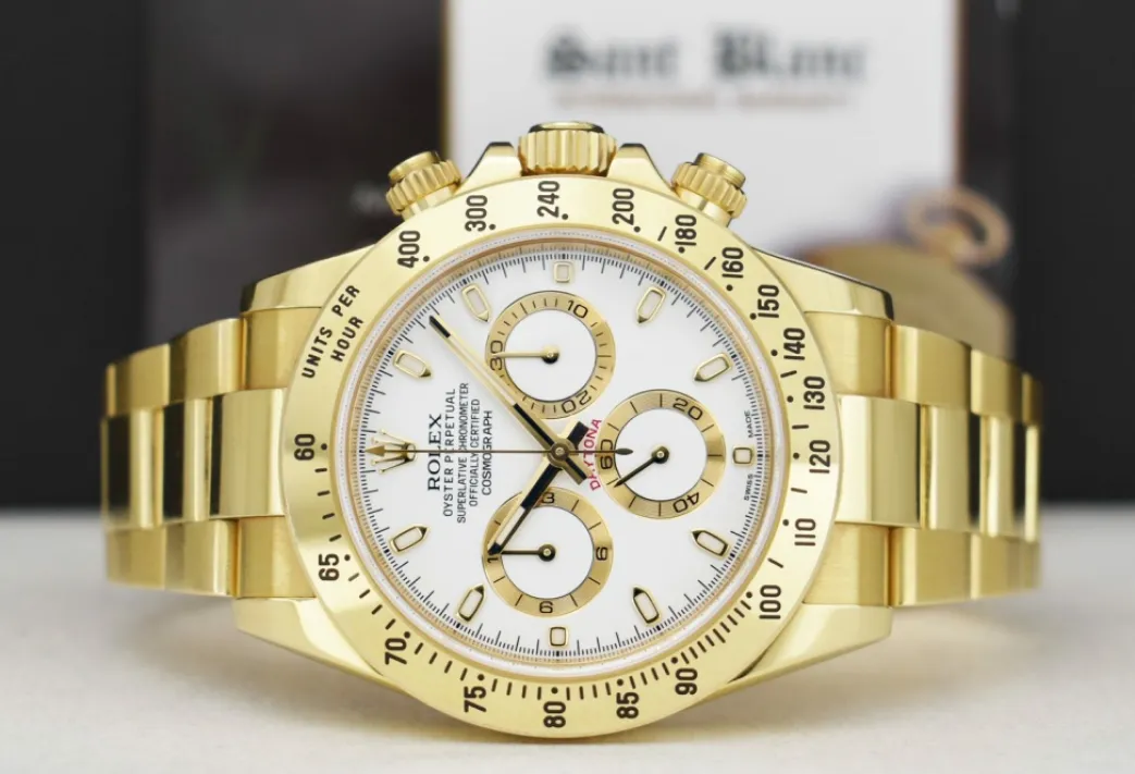 rolex_mm_kt_gold_daytona__4-1.webp Racing Professional Watches | Sant Blanc ROLEX 40mm 18kt Gold Daytona White Index Dial with Card & Tags Model 116528