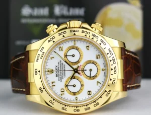 Racing Professional Watches | Sant Blanc ROLEX 40mm 18kt Gold Daytona White Arabic Dial Brown Strap Model 116518