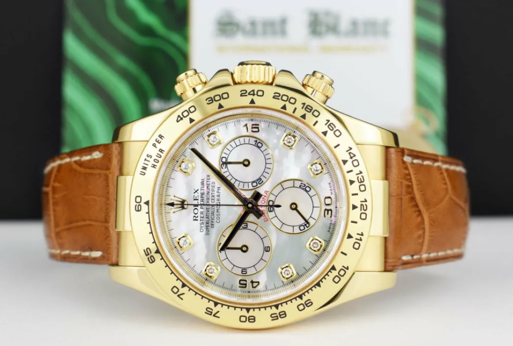 rolex_mm_kt_gold_daytona__4-5.webp Men's Watches | Racing Professional Watches | Sant Blanc ROLEX 40mm 18kt Gold Daytona Cognac Strap Mother of Pearl Diamond Dial Model 116518