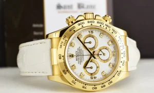 Men's Watches | Racing Professional Watches | Sant Blanc ROLEX 40mm 18kt Gold Daytona White Diamond Dial White Leather Strap Model 116518