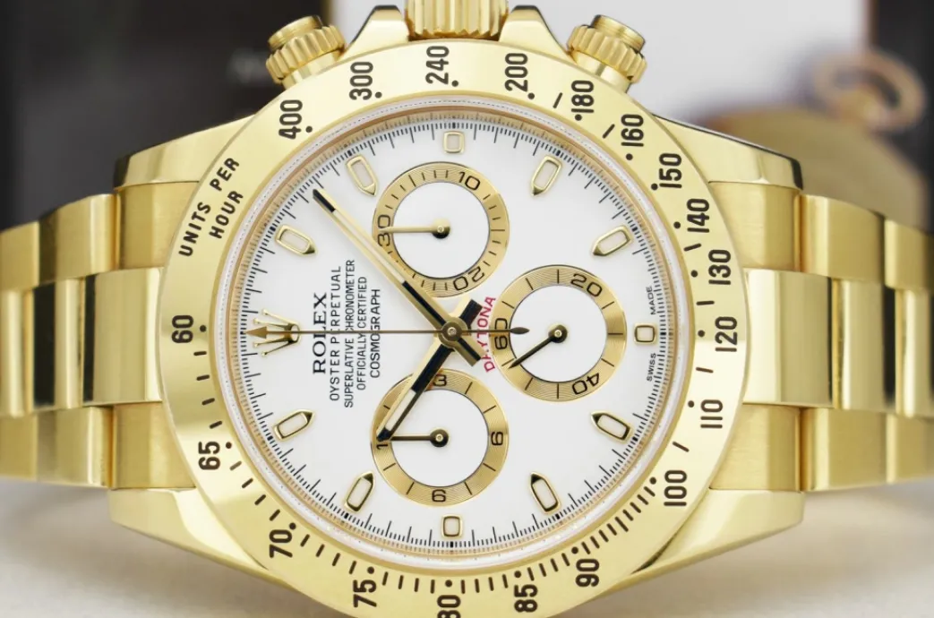 rolex_mm_kt_gold_daytona__5-1.webp Racing Professional Watches | Sant Blanc ROLEX 40mm 18kt Gold Daytona White Index Dial with Card & Tags Model 116528