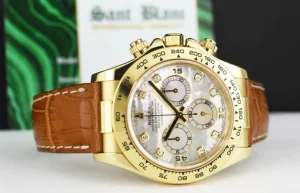 Men's Watches | Racing Professional Watches | Sant Blanc ROLEX 40mm 18kt Gold Daytona Cognac Strap Mother of Pearl Diamond Dial Model 116518