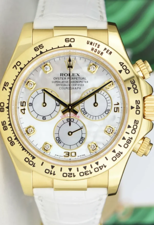 Racing Professional Watches | Sant Blanc ROLEX 40mm 18kt Gold Daytona White Leather Strap Mother of Pearl Diamond Dial Model 116518