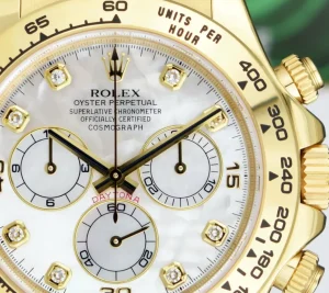Racing Professional Watches | Sant Blanc ROLEX 40mm 18kt Gold Daytona White Leather Strap Mother of Pearl Diamond Dial Model 116518