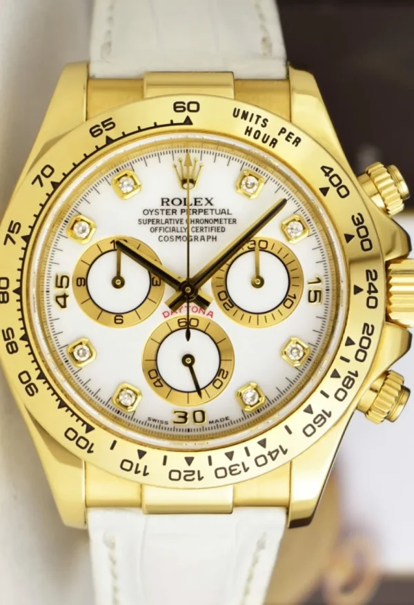 Men's Watches | Racing Professional Watches | Sant Blanc ROLEX 40mm 18kt Gold Daytona White Diamond Dial White Leather Strap Model 116518