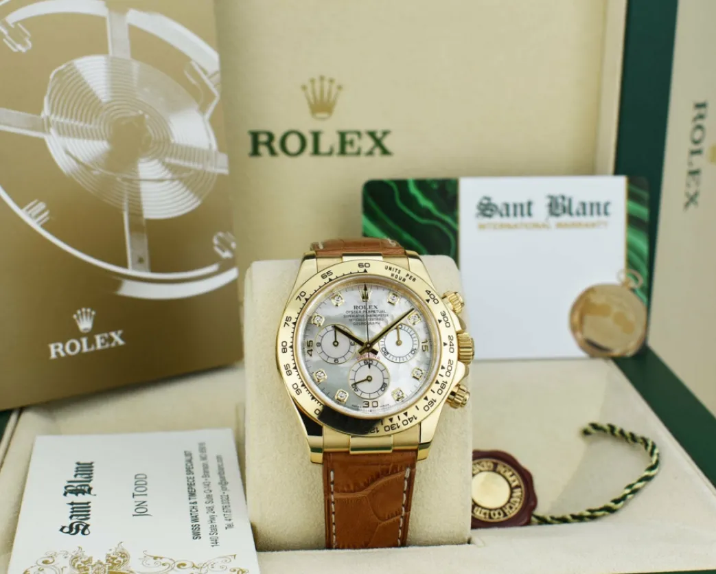 rolex_mm_kt_gold_daytona__7-2.webp Men's Watches | Racing Professional Watches | Sant Blanc ROLEX 40mm 18kt Gold Daytona Cognac Strap Mother of Pearl Diamond Dial Model 116518