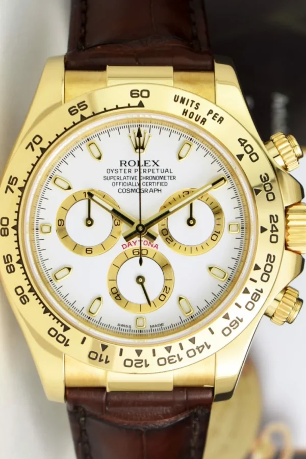 Men's Watches | Racing Professional Watches | Sant Blanc ROLEX 40mm 18kt Gold Daytona Leather Strap White Index Dial Model 116518