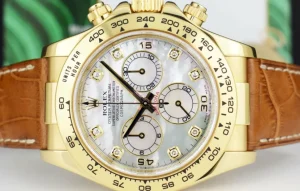 Men's Watches | Racing Professional Watches | Sant Blanc ROLEX 40mm 18kt Gold Daytona Cognac Strap Mother of Pearl Diamond Dial Model 116518