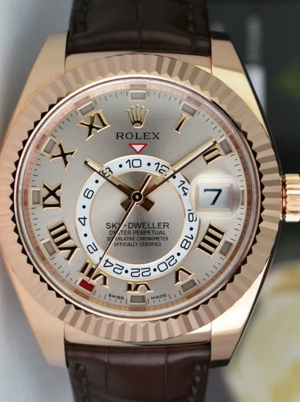 Pilots Classic Watches | Sant Blanc ROLEX 42mm 18kt Rose Gold SkyDweller Silver Roman Dial Model 326135