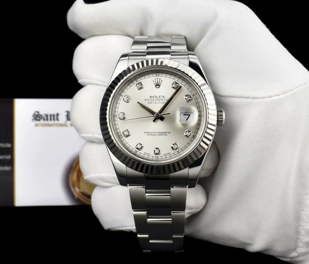 rolex_mm_kt_white_gold__s_1.webp Dress Watches | Sant Blanc ROLEX 41mm 18kt White Gold & Stainless Steel DateJust II Silver Diamond Dial Model 116334
