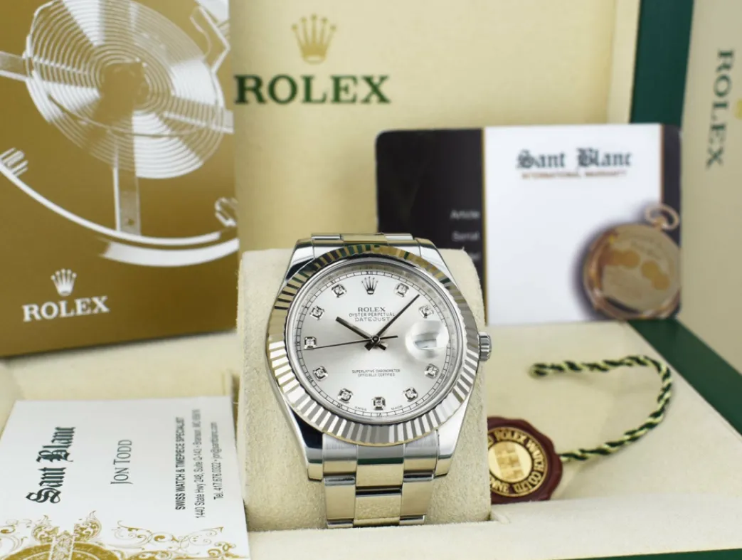 rolex_mm_kt_white_gold__s_2.webp Dress Watches | Sant Blanc ROLEX 41mm 18kt White Gold & Stainless Steel DateJust II Silver Diamond Dial Model 116334
