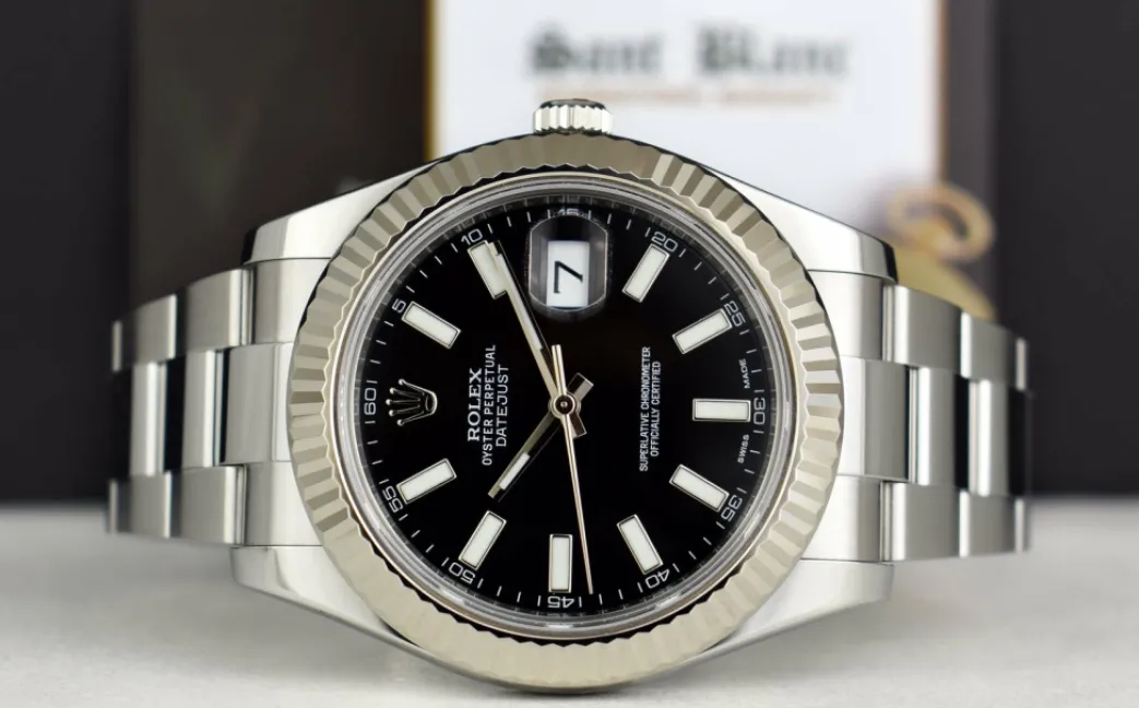 rolex_mm_kt_white_gold__s_3-4.webp Men's Watches | Dress Watches | Sant Blanc ROLEX 41mm 18kt White Gold & Stainless Steel DateJust II Black Index Model 116334
