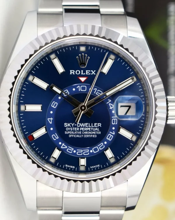 Pilots Classic Watches | Men's Watches | Sant Blanc ROLEX 42mm 18kt White Gold & Stainless Steel Sky Dweller Blue Index Dial Model 326934