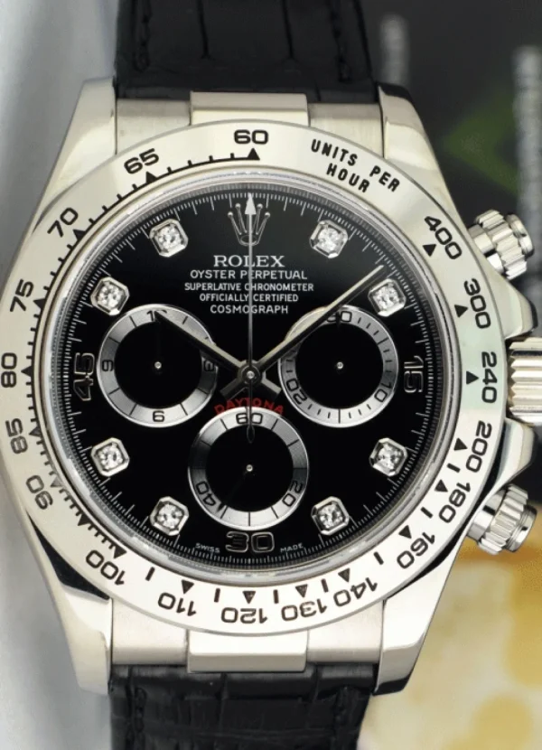 Men's Watches | Racing Professional Watches | Sant Blanc ROLEX 40mm 18kt White Gold Daytona on Strap Black Diamond Model 116519