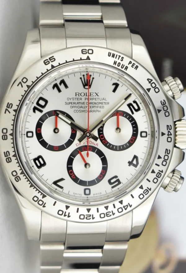 Racing Professional Watches | Sant Blanc ROLEX 40mm 18kt White Gold Daytona Silver Arabic Race Dial Model 116509