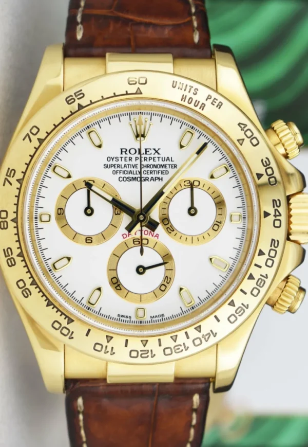 Men's Watches | Racing Professional Watches | Sant Blanc ROLEX 40mm 18kt Yellow Gold Daytona Leather Strap White Index Dial Model 116518