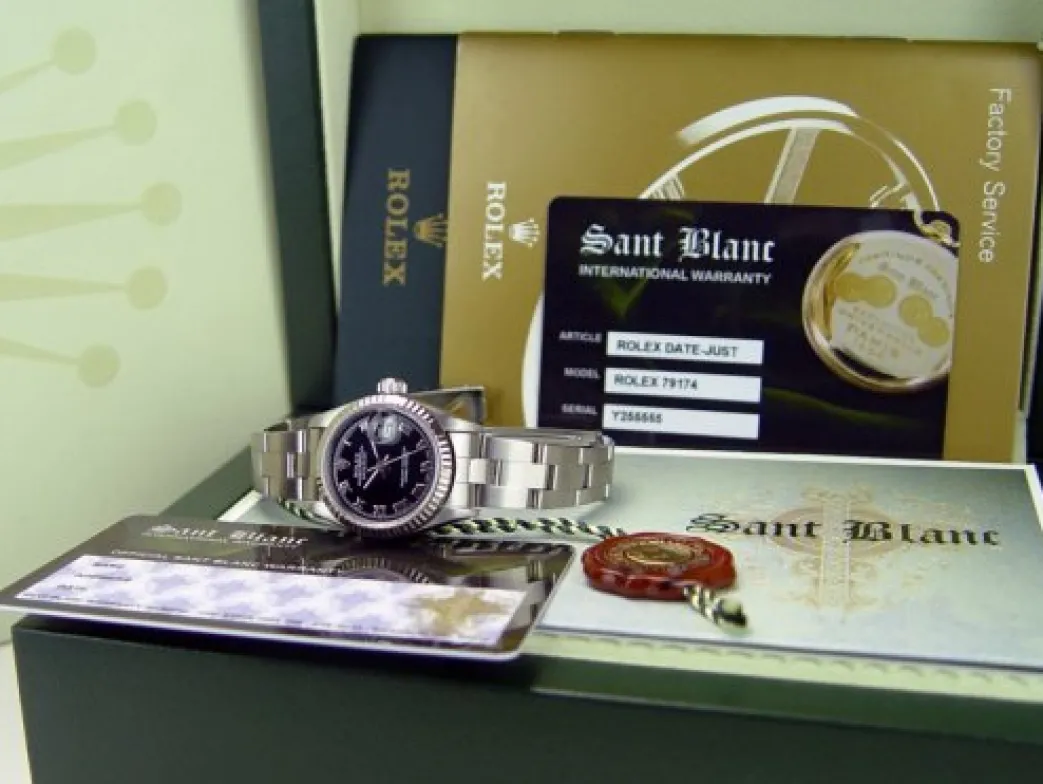 rolex_mm_ladies_kt_white__2.webp Ladies Watches | Dress Watches | Sant Blanc ROLEX 26mm Ladies 18kt White Gold & Stainless Steel DateJust Black Roman Dial Model 79174