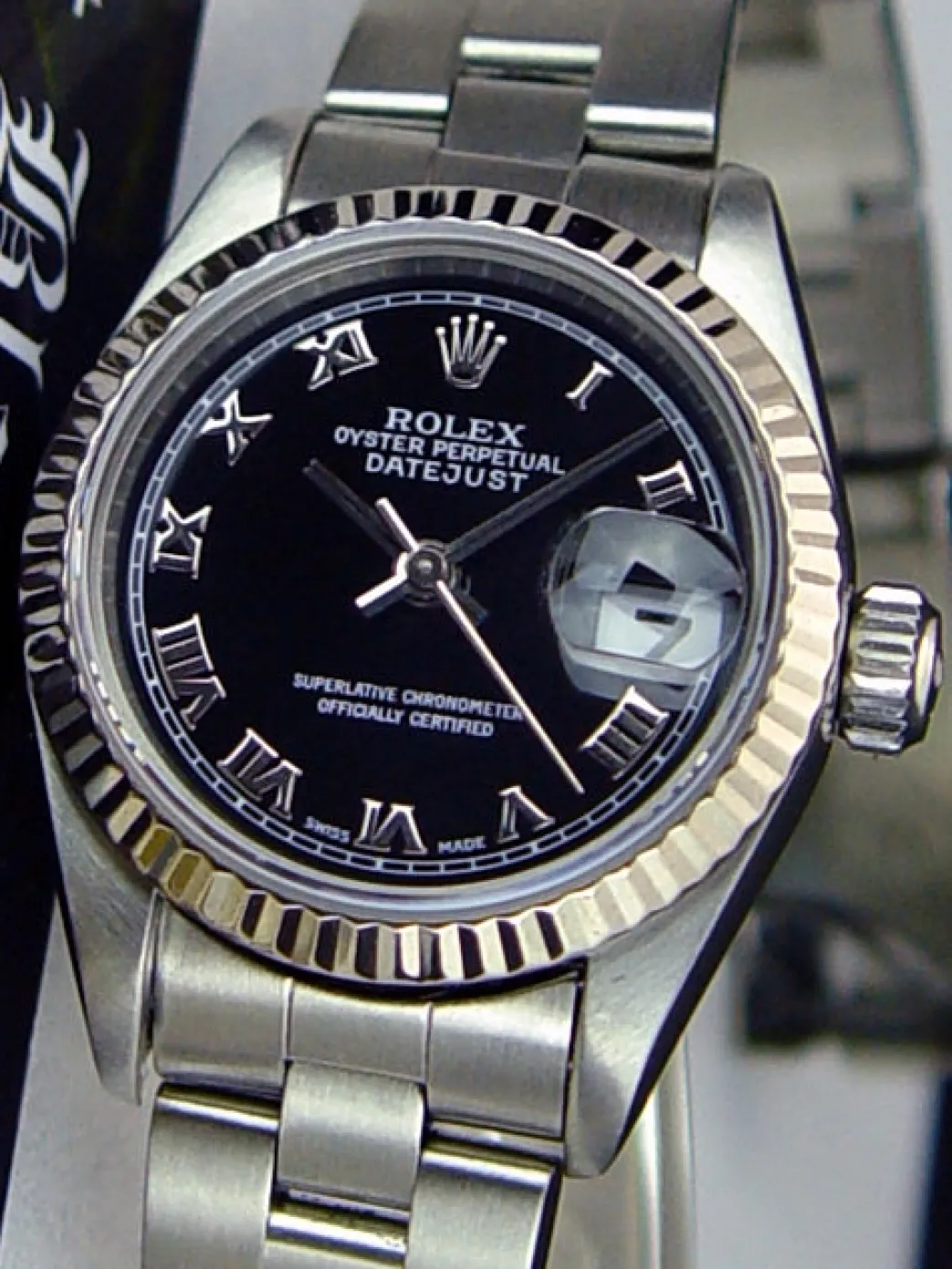 rolex_mm_ladies_kt_white__6.webp Ladies Watches | Dress Watches | Sant Blanc ROLEX 26mm Ladies 18kt White Gold & Stainless Steel DateJust Black Roman Dial Model 79174