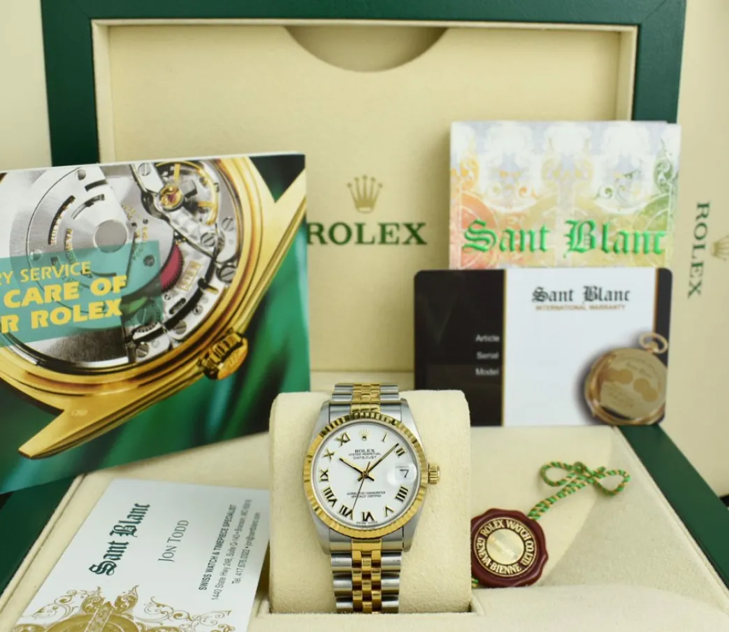 rolex_mm_midsize_kt_gold__0-1.webp Dress Watches | Sant Blanc ROLEX 31mm MidSize 18kt Gold & Stainless Steel Datejust White Bold Roman Dial Model 68273