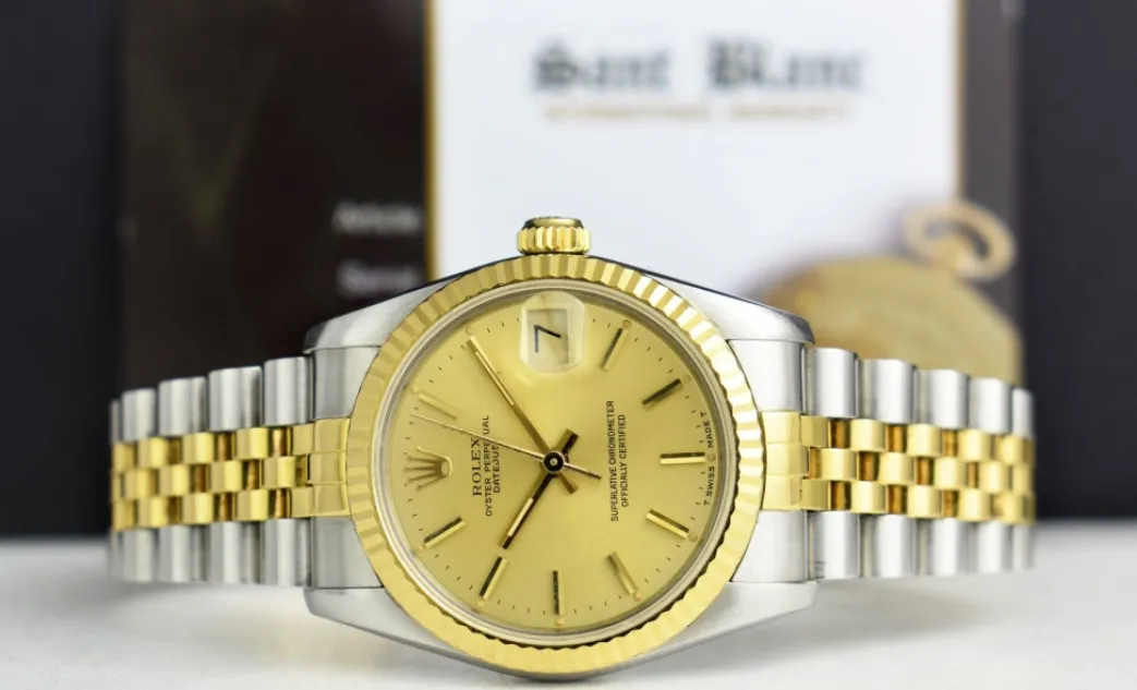 rolex_mm_midsize_kt_gold__1-2.webp Ladies Watches | Dress Watches | Sant Blanc ROLEX 31mm MIDSIZE 18kt Gold & SS Datejust Champagne Model 68273