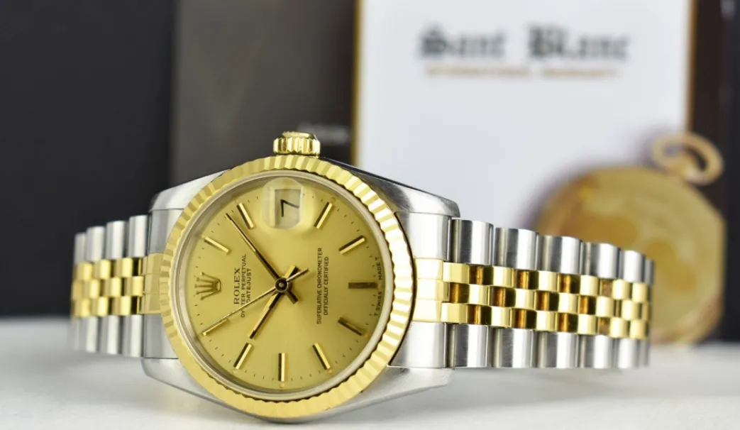 rolex_mm_midsize_kt_gold__2-2.webp Ladies Watches | Dress Watches | Sant Blanc ROLEX 31mm MIDSIZE 18kt Gold & SS Datejust Champagne Model 68273