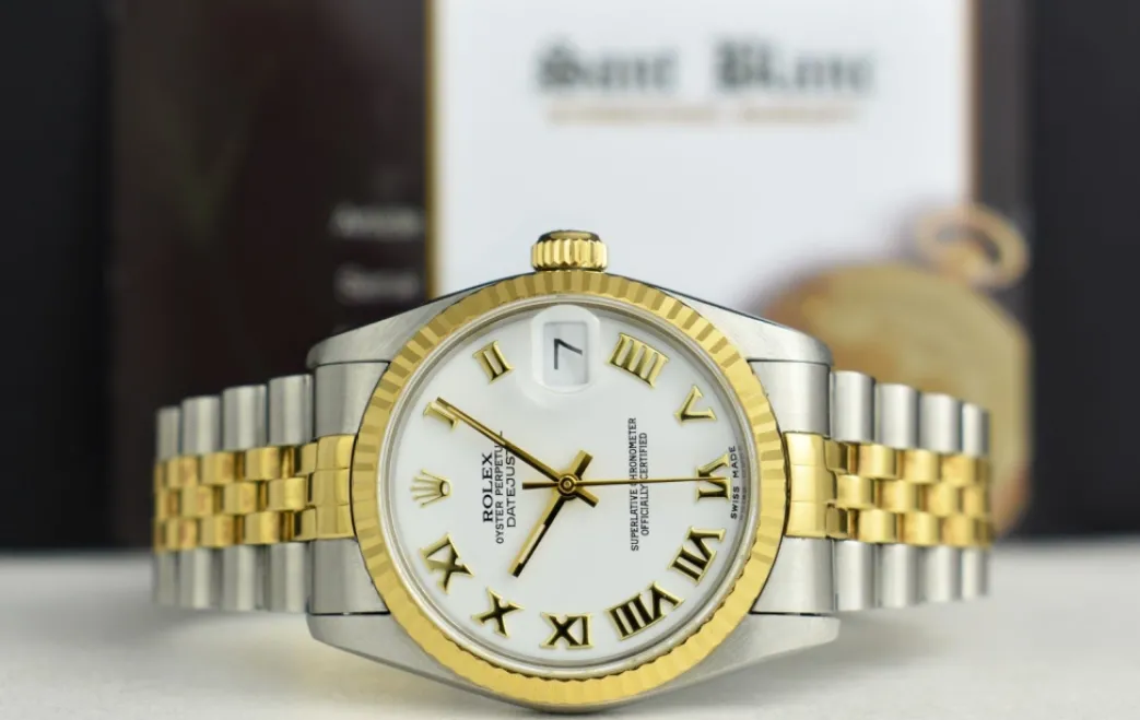 rolex_mm_midsize_kt_gold__3-1.webp Dress Watches | Sant Blanc ROLEX 31mm MidSize 18kt Gold & Stainless Steel Datejust White Bold Roman Dial Model 68273