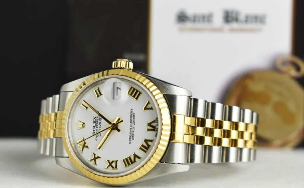 rolex_mm_midsize_kt_gold__4-1.webp Dress Watches | Sant Blanc ROLEX 31mm MidSize 18kt Gold & Stainless Steel Datejust White Bold Roman Dial Model 68273