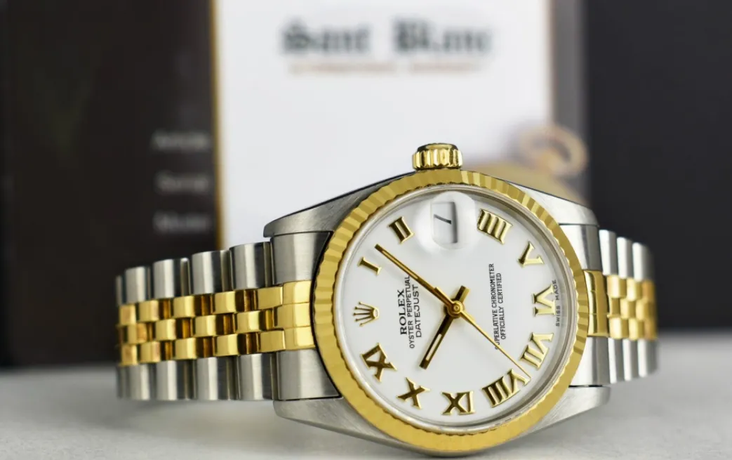 rolex_mm_midsize_kt_gold__5-1.webp Dress Watches | Sant Blanc ROLEX 31mm MidSize 18kt Gold & Stainless Steel Datejust White Bold Roman Dial Model 68273