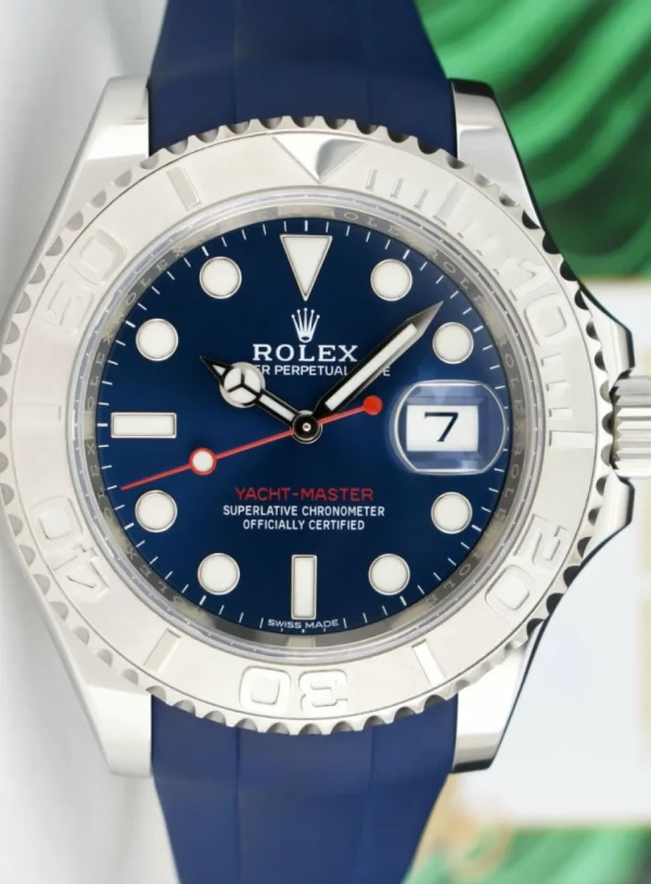 Yachting Professional Watches | Sant Blanc ROLEX 40mm Platinum & Stainless Steel YachtMaster Blue Dial Rubber B Strap Model 116622