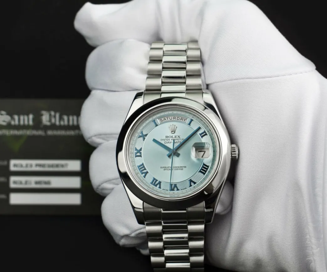 rolex_mm_platinum_daydate_1.webp President Dress Watches | Sant Blanc ROLEX 41mm Platinum DayDate II President Glacier Concentric Roman Dial Model 218206