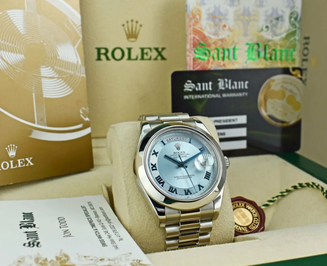 rolex_mm_platinum_daydate_2.webp President Dress Watches | Sant Blanc ROLEX 41mm Platinum DayDate II President Glacier Concentric Roman Dial Model 218206