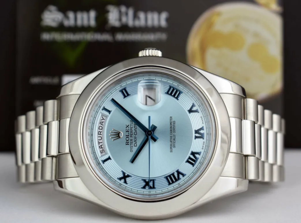 rolex_mm_platinum_daydate_3.webp President Dress Watches | Sant Blanc ROLEX 41mm Platinum DayDate II President Glacier Concentric Roman Dial Model 218206