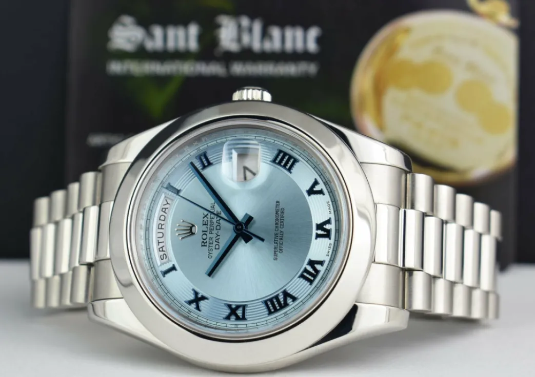 rolex_mm_platinum_daydate_5.webp President Dress Watches | Sant Blanc ROLEX 41mm Platinum DayDate II President Glacier Concentric Roman Dial Model 218206