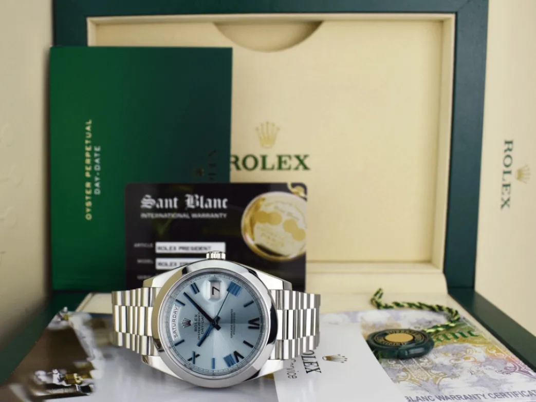rolex_mm_platinum_preside_0.webp President Dress Watches | Sant Blanc ROLEX 40mm Platinum President Day Date 40 Glacier Roman Dial Model 228206
