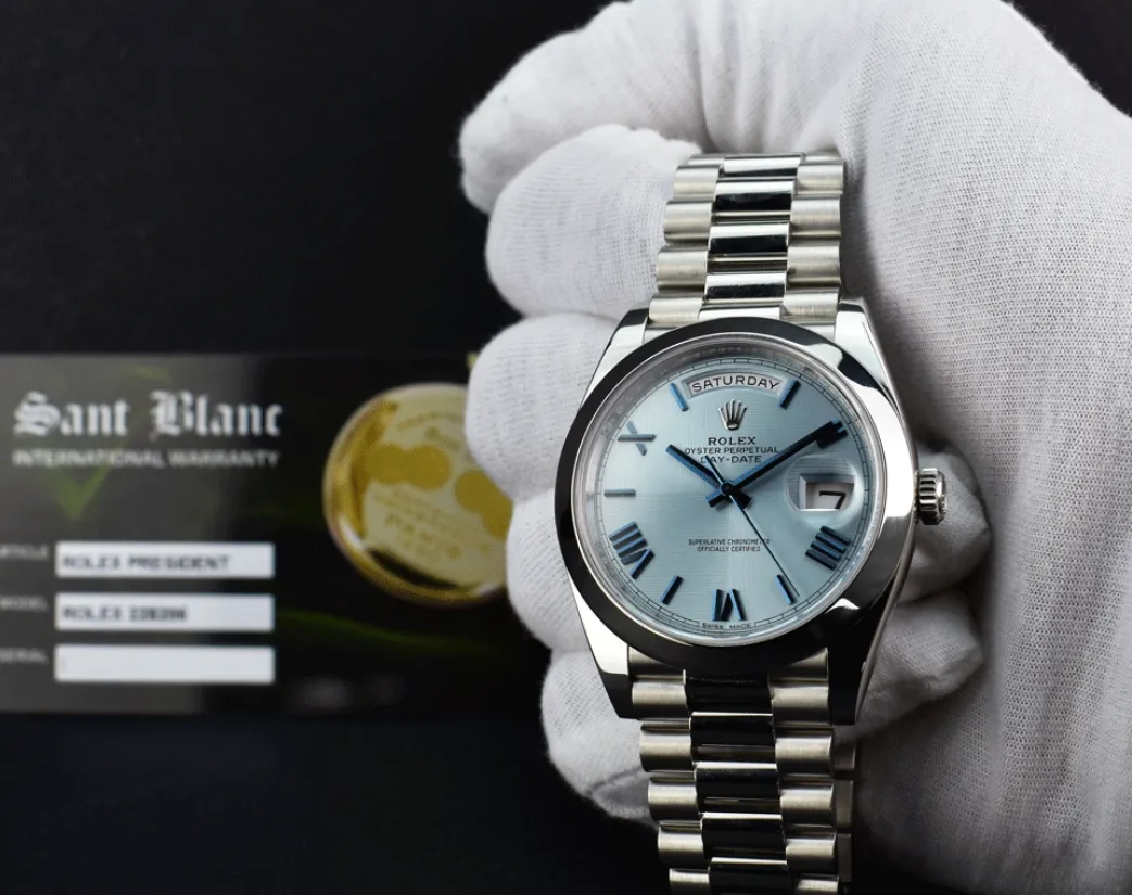 rolex_mm_platinum_preside_1.webp President Dress Watches | Sant Blanc ROLEX 40mm Platinum President Day Date 40 Glacier Roman Dial Model 228206