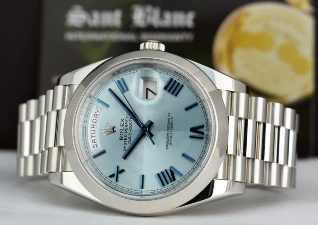 rolex_mm_platinum_preside_10.webp President Dress Watches | Sant Blanc ROLEX 40mm Platinum President Day Date 40 Glacier Roman Dial Model 228206