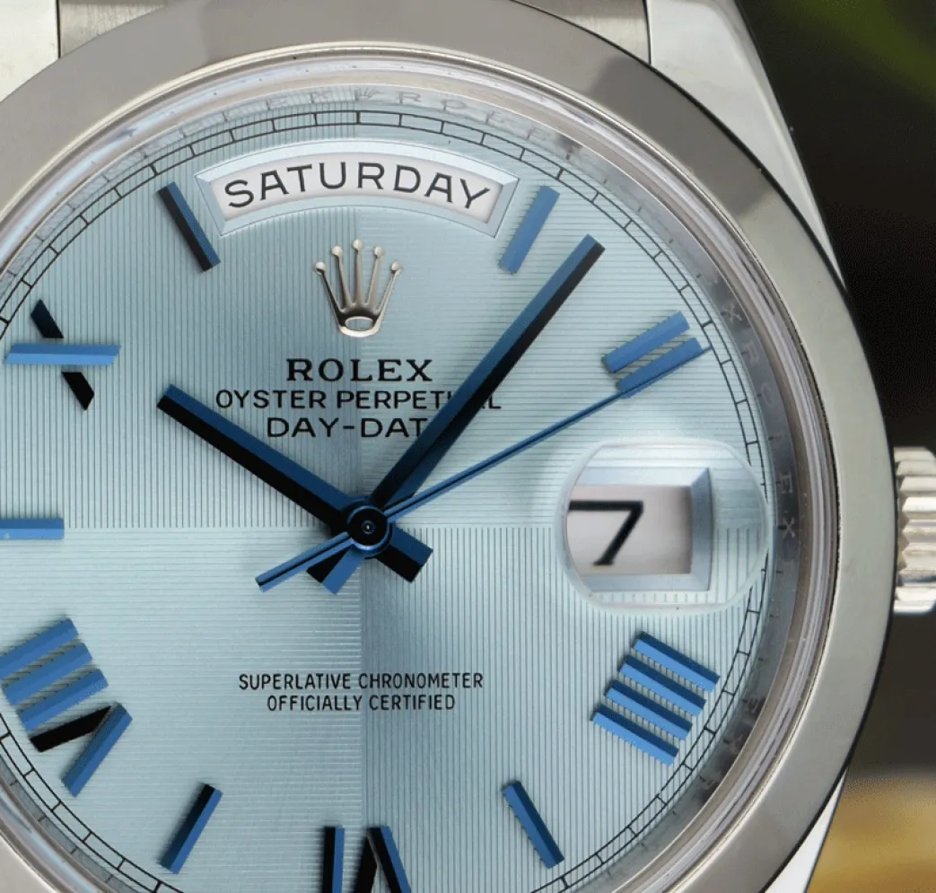 rolex_mm_platinum_preside_3.webp President Dress Watches | Sant Blanc ROLEX 40mm Platinum President Day Date 40 Glacier Roman Dial Model 228206