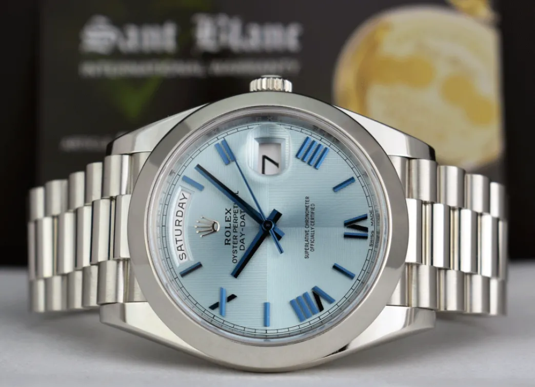 rolex_mm_platinum_preside_6.webp President Dress Watches | Sant Blanc ROLEX 40mm Platinum President Day Date 40 Glacier Roman Dial Model 228206