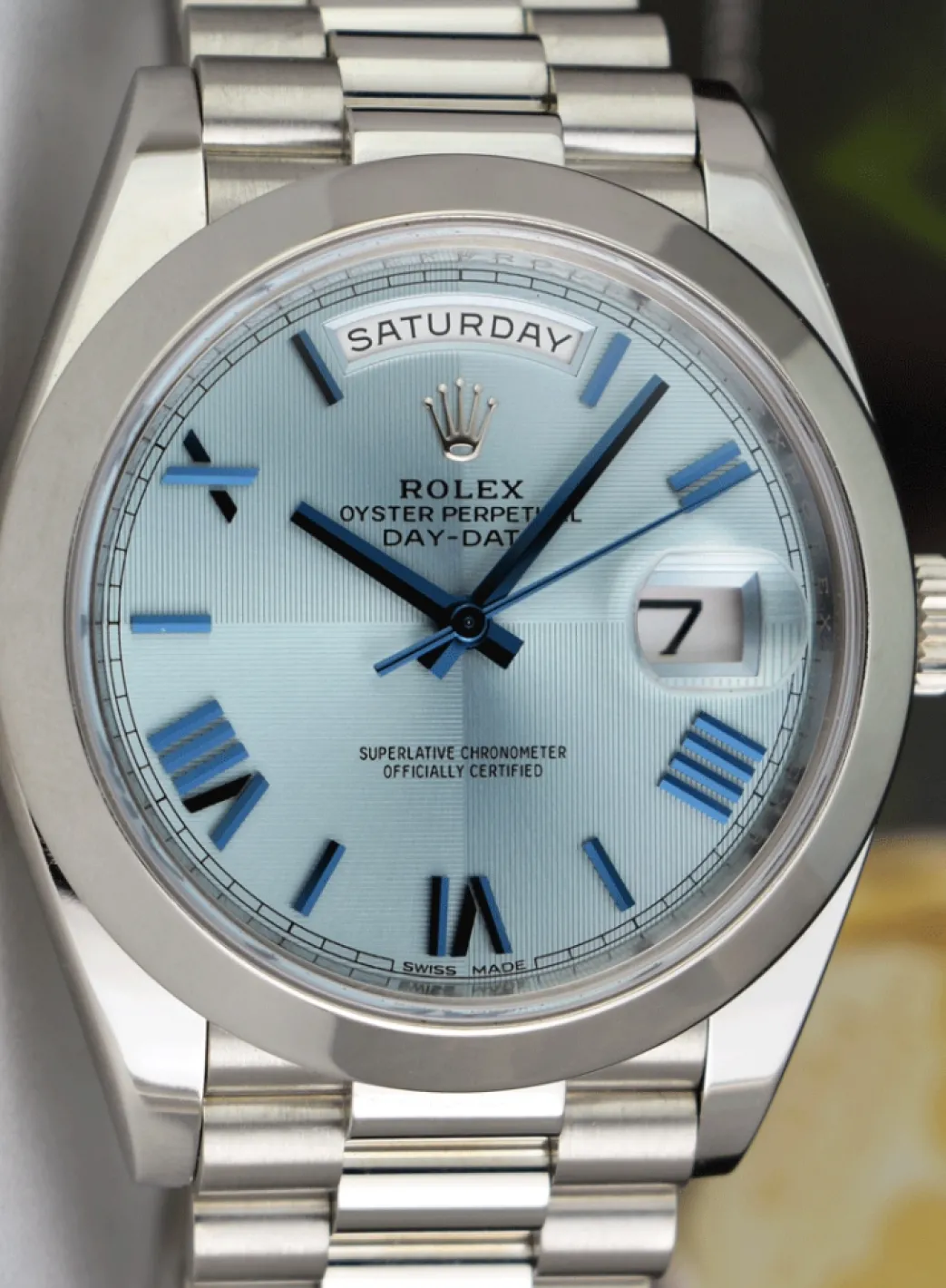 rolex_mm_platinum_preside_7.webp President Dress Watches | Sant Blanc ROLEX 40mm Platinum President Day Date 40 Glacier Roman Dial Model 228206