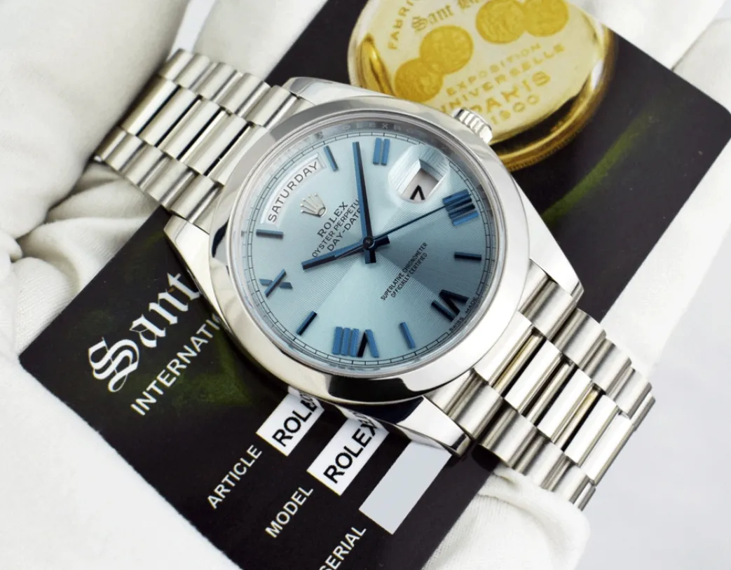 rolex_mm_platinum_preside_8.webp President Dress Watches | Sant Blanc ROLEX 40mm Platinum President Day Date 40 Glacier Roman Dial Model 228206