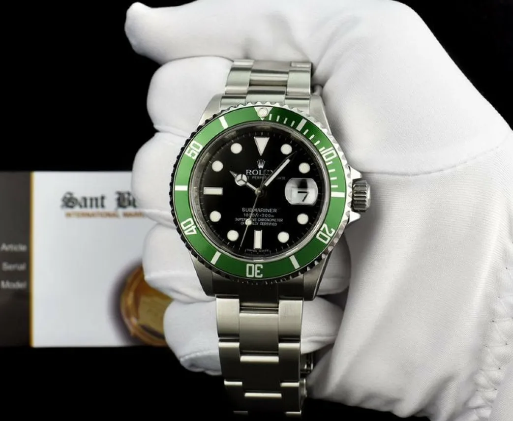 rolex_mm_rehaut_stainless_1.webp Diving Professional Watches | Men's Watches | Sant Blanc ROLEX 40mm Rehaut Stainless Steel Submariner Green Bezel Kermit Model 16610