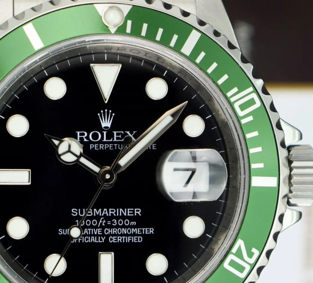 rolex_mm_rehaut_stainless_2.webp Diving Professional Watches | Men's Watches | Sant Blanc ROLEX 40mm Rehaut Stainless Steel Submariner Green Bezel Kermit Model 16610