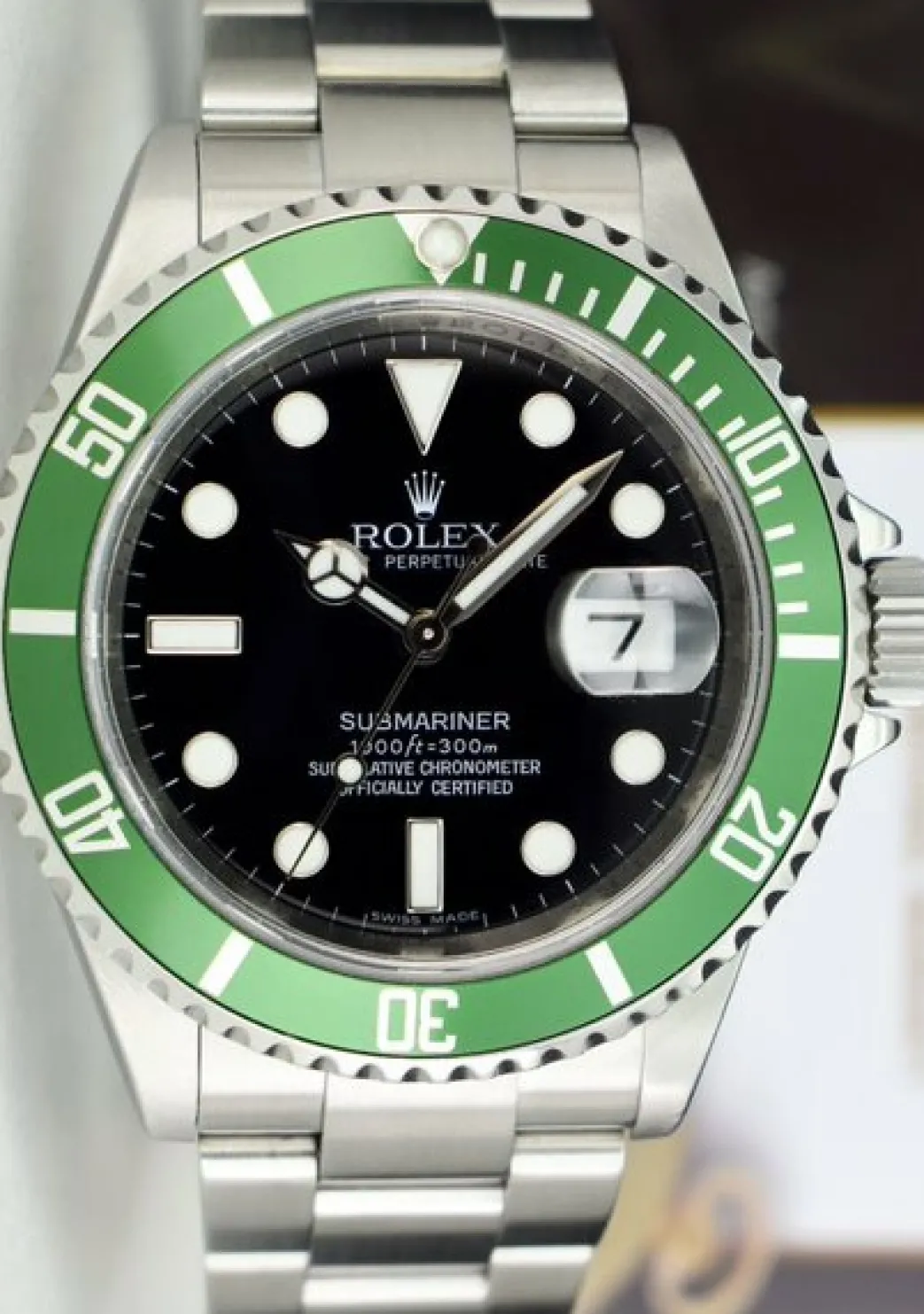 rolex_mm_rehaut_stainless_5.webp Diving Professional Watches | Men's Watches | Sant Blanc ROLEX 40mm Rehaut Stainless Steel Submariner Green Bezel Kermit Model 16610