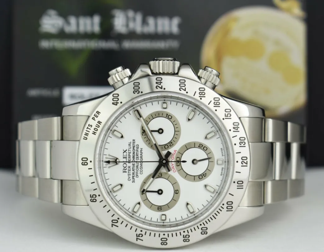rolex_mm_stainless_dayton_3.webp Men's Watches | Racing Professional Watches | Sant Blanc ROLEX 40mm Stainless Daytona White Index Dial Fat Clasp Model 116520