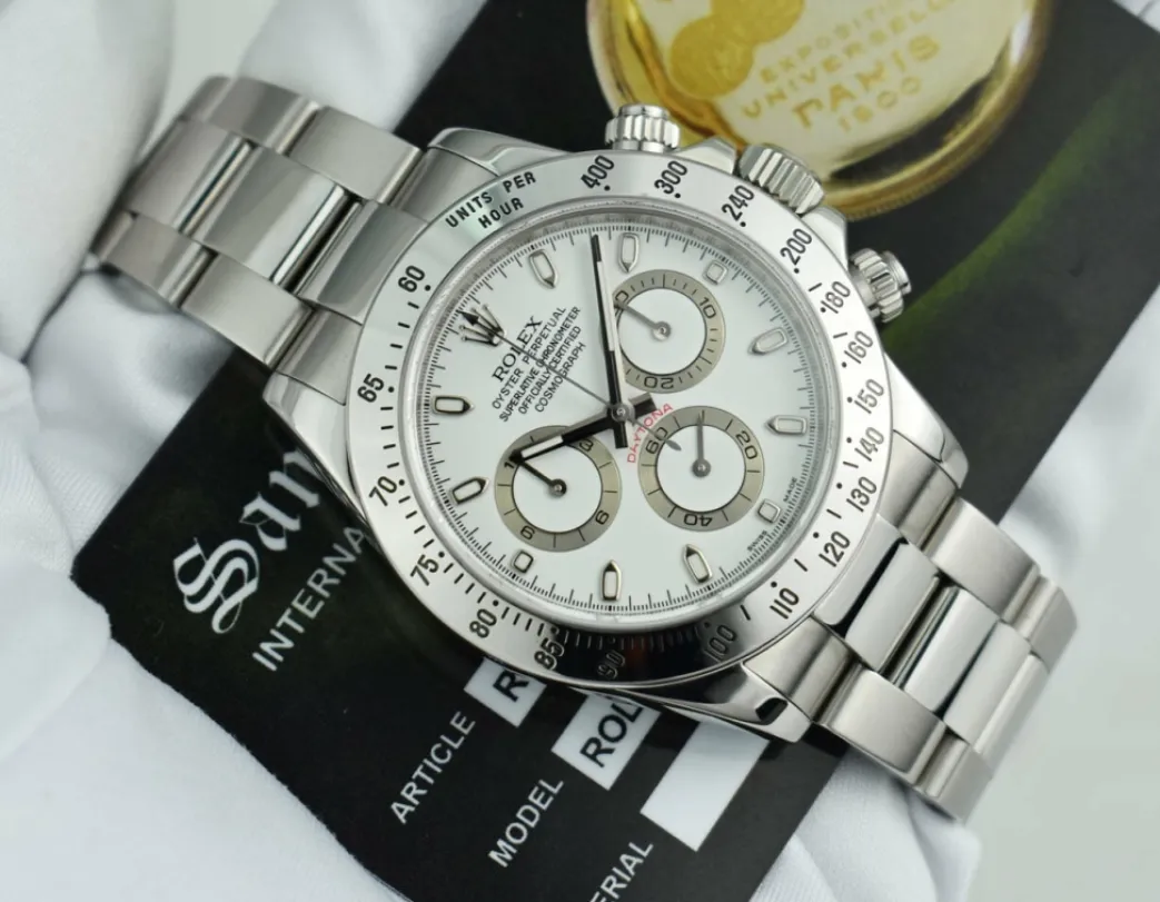 rolex_mm_stainless_dayton_7.webp Men's Watches | Racing Professional Watches | Sant Blanc ROLEX 40mm Stainless Daytona White Index Dial Fat Clasp Model 116520