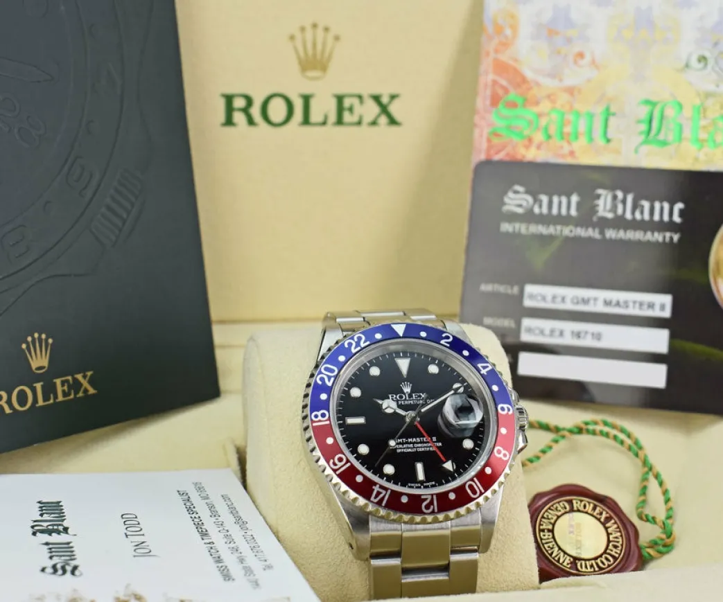 rolex_mm_stainless_gmt_ma_1.webp Sports Watches | Pilots Professional Watches | Sant Blanc ROLEX 40mm Stainless GMT Master II Pepsi Blue-Red Bezel SEL Model 16710
