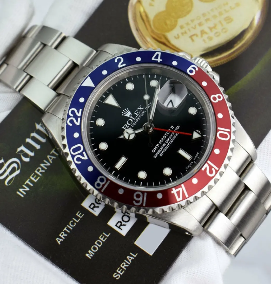 rolex_mm_stainless_gmt_ma_4.webp Sports Watches | Pilots Professional Watches | Sant Blanc ROLEX 40mm Stainless GMT Master II Pepsi Blue-Red Bezel SEL Model 16710