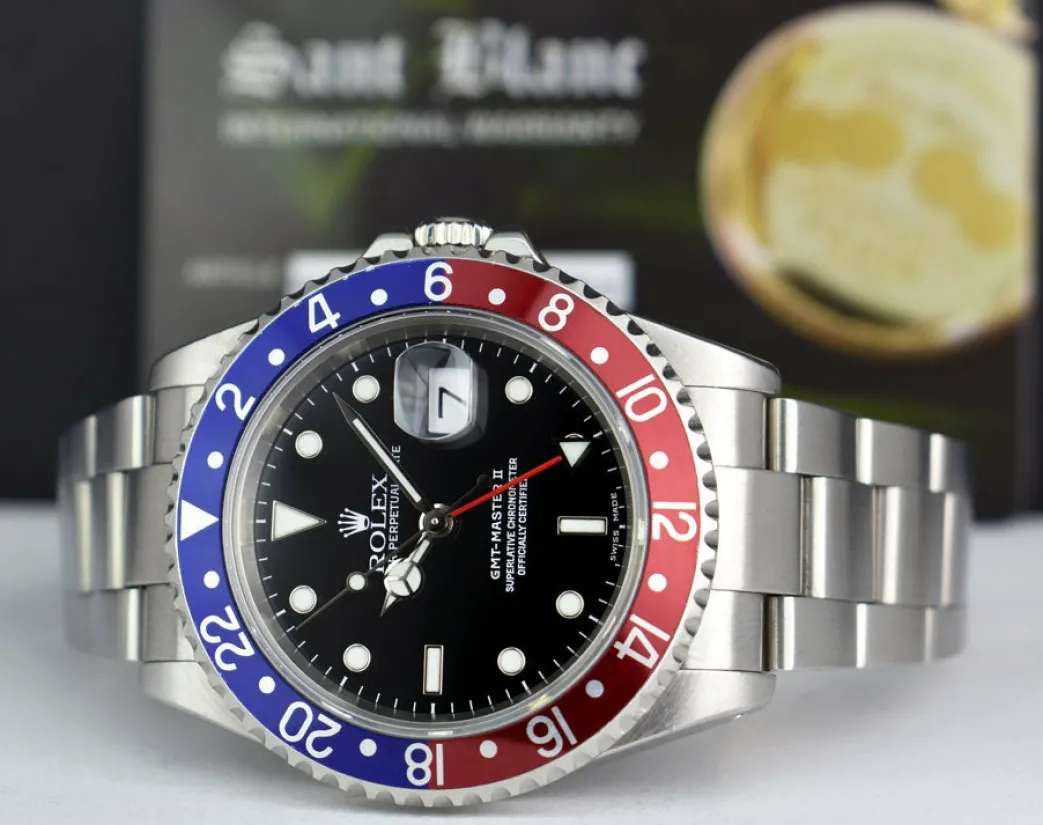 rolex_mm_stainless_gmt_ma_5.webp Sports Watches | Pilots Professional Watches | Sant Blanc ROLEX 40mm Stainless GMT Master II Pepsi Blue-Red Bezel SEL Model 16710