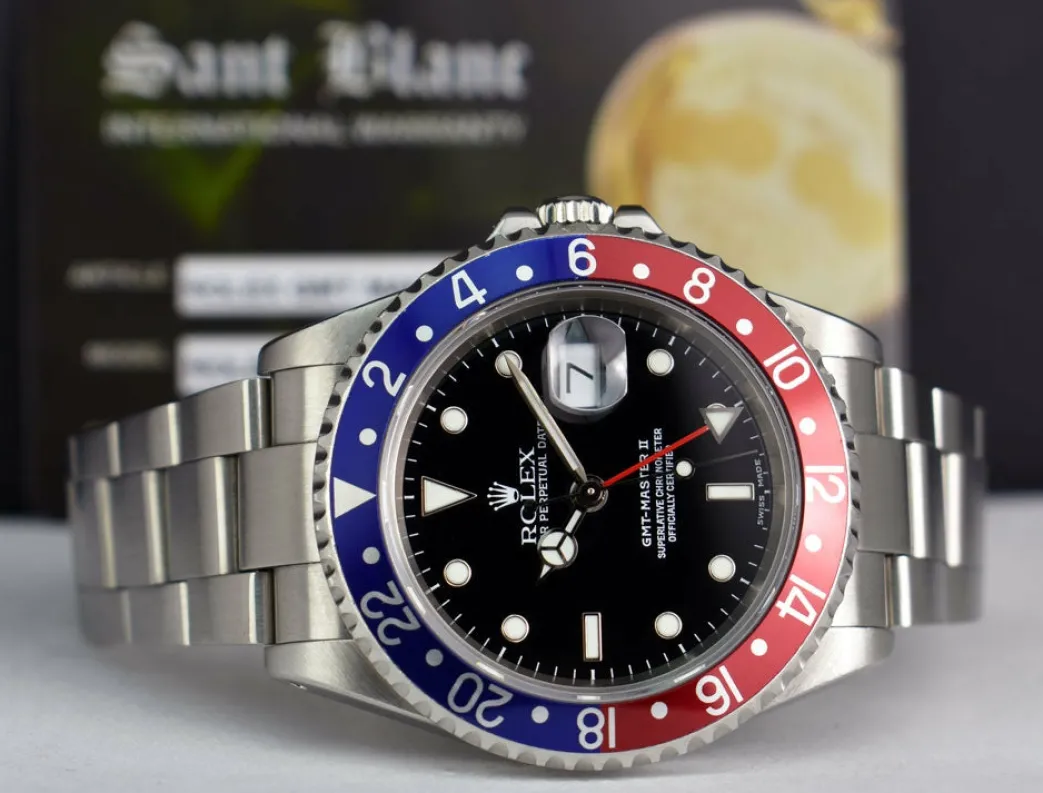 rolex_mm_stainless_gmt_ma_6.webp Sports Watches | Pilots Professional Watches | Sant Blanc ROLEX 40mm Stainless GMT Master II Pepsi Blue-Red Bezel SEL Model 16710
